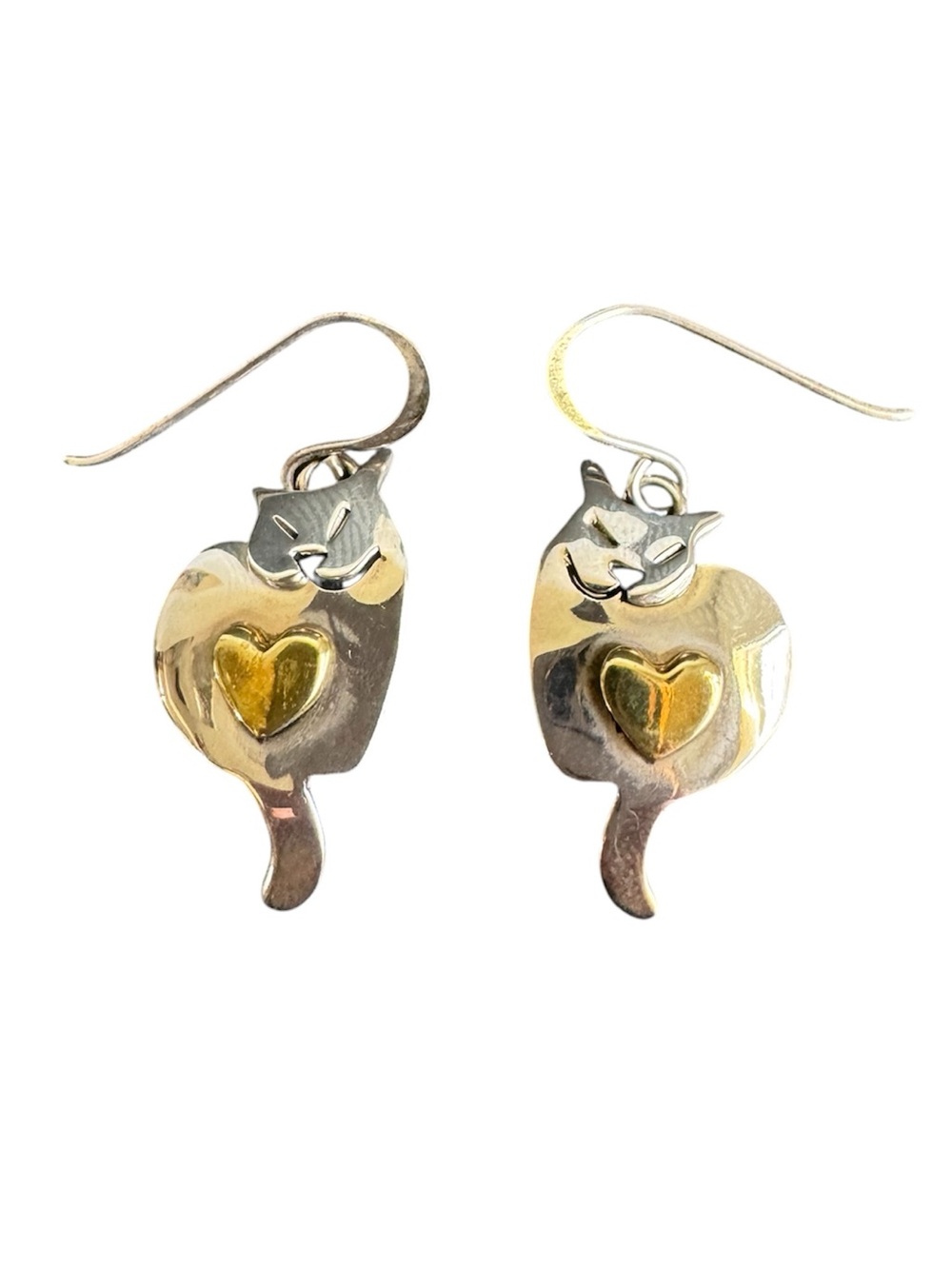 Sterling‎ Silver Cat Earrings Fetched Handmade Brass Heart Kitty Kitten 925 Vtg
